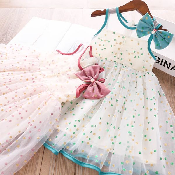 

2020 летние девушки pearl горошек платье принцессы с hairclip, Red;yellow