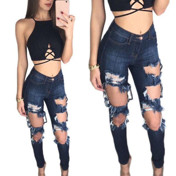

plus size s-2xl summer hole ripped jeans women jeggings cool denim high waist skinny jeans pants pencil trousers blue#35, Blue