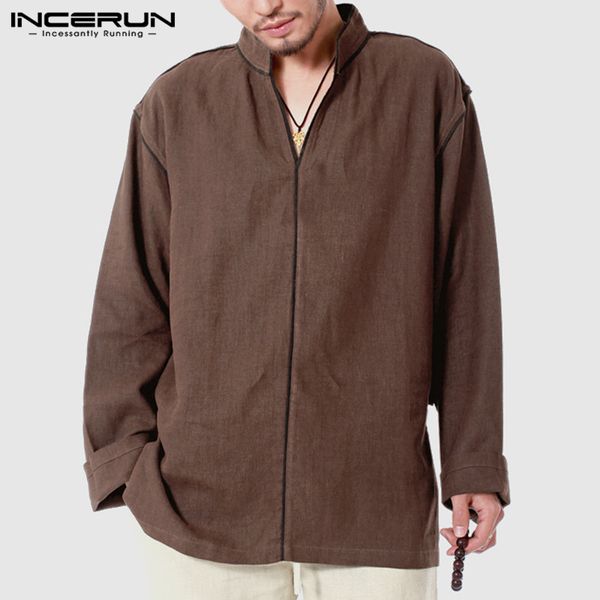 

incerun vintage men shirts cotton long sleeve 2019 solid stand collar chinese style pullovers casual shirts camisa masculina 3xl, White;black