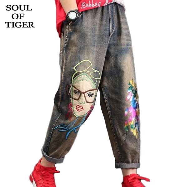 

soul of tiger autumn fashion korean ladies streetwear women printed embroidery jeans vintage harem pants elastic floral trousers, Blue