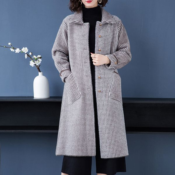 

brand coat fall winter women coat new commuter hit color houndstooth lapel thicken warm single breasted long female, Black