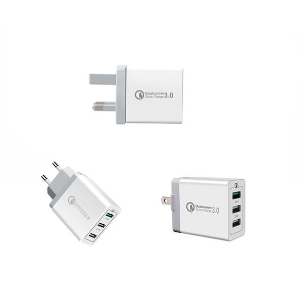 3 USB QC 3.0 Carica rapida US Eu UK Caricatore da muro per la casa Adattatore di alimentazione Veloce adattivo 30W Per iPhone 11 Telefono Android 100 PZ / LOTTO