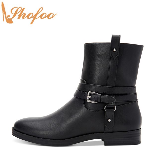 

black low chunky heels round toe woman ankle boots booties zipper for ladies fashion buckle strap shoes large size 13 15 shofoo