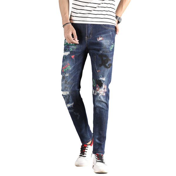 

19ss mans дизайнер джинсы джинсовые брюки архивный металлический штырь вышитые патчи повреждения выцветшую пять карманы климент fit straight, Blue