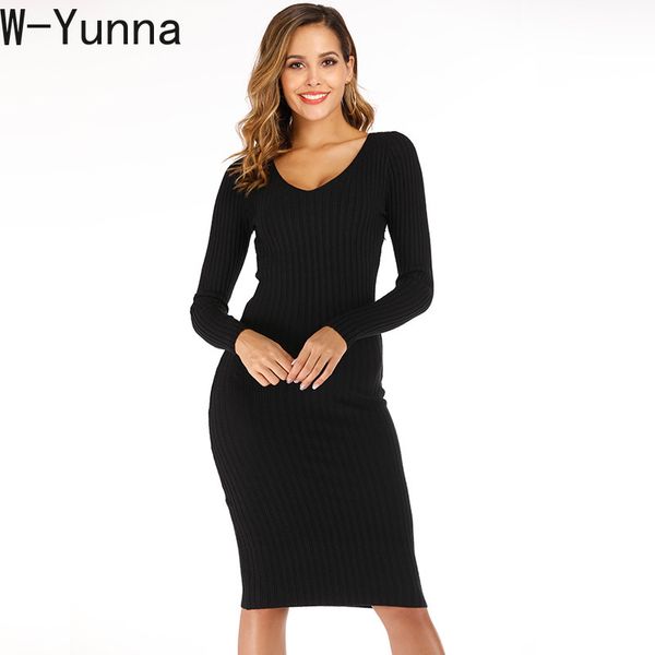 W-Yunna 2019 Autunno Inverno Nuovo scollo a V stile basic sottile abito maglione nero maglione lavorato a maglia stretto al ginocchio lungo maglione femminile