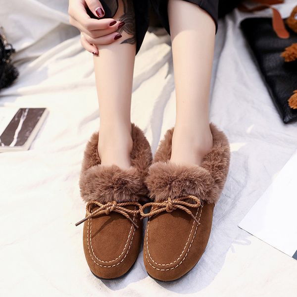 

women winter flats ladies furry plush bowtie suede woman warm casual comfortable women's slip on sewing female shoes new 2019, Black