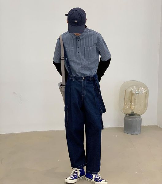 

2019 men's fashion work trousers salopettes romper jumpsuit male overalls black/blue casual pants baggy homme jeans size -2xl