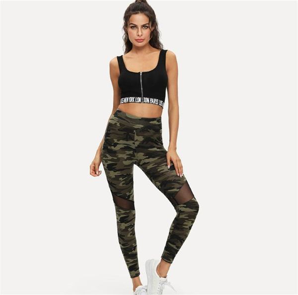 

sports pants casual female patchwork gauze capris womens camouflage leggings spring fashion ladies, Black