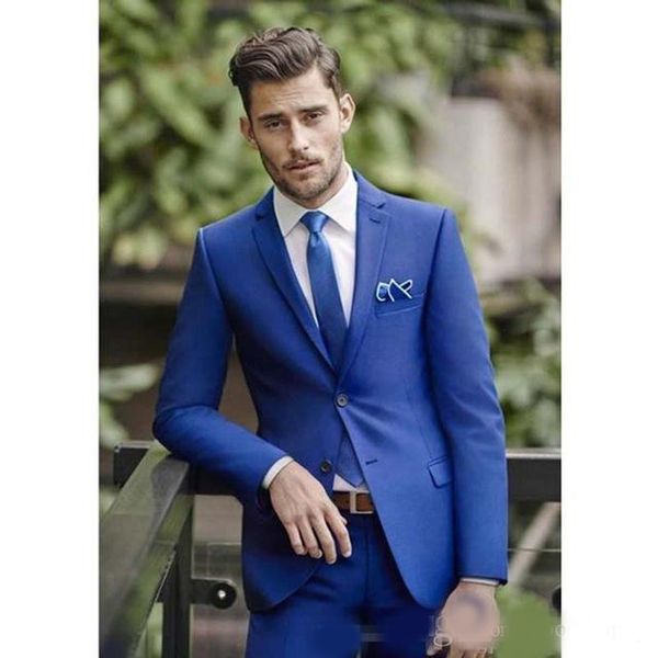 Homens bonito Azul Royal Wedding Tuxdos Notch lapela do noivo smoking Excelente Men Jacket Blazer 2 Piece Suit (jaqueta + calça + TIE)