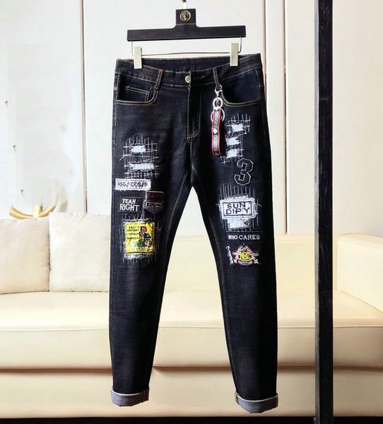 

mens jeans fends fashion high end trend jeans street hip hop rock hole letter embroidery outdoor motorcycle personality cowboy pants, Blue