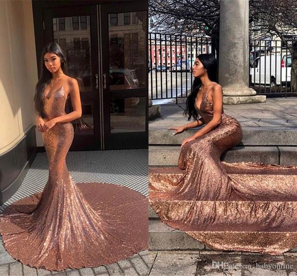 

african black girls rose gold sequins mermaid prom dresses long backless 2019 spaghetti strap party vestidos long prom gowns custom