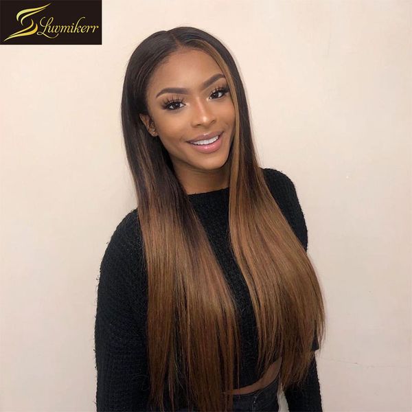 

ombre peruvian 13Ã6 straight hd transparent lace front human hair wigs for black women brown frontal wig bleached knots glueless, Black;brown
