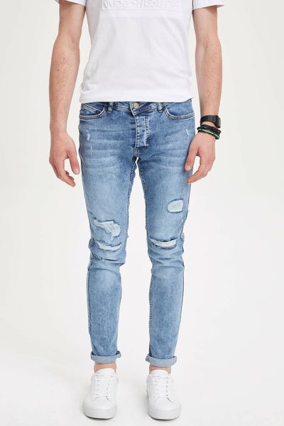 

defacto man fashion hole light blue simple trousers casual classic slim denim jeans casual elasticity pants male -l6096az19sm
