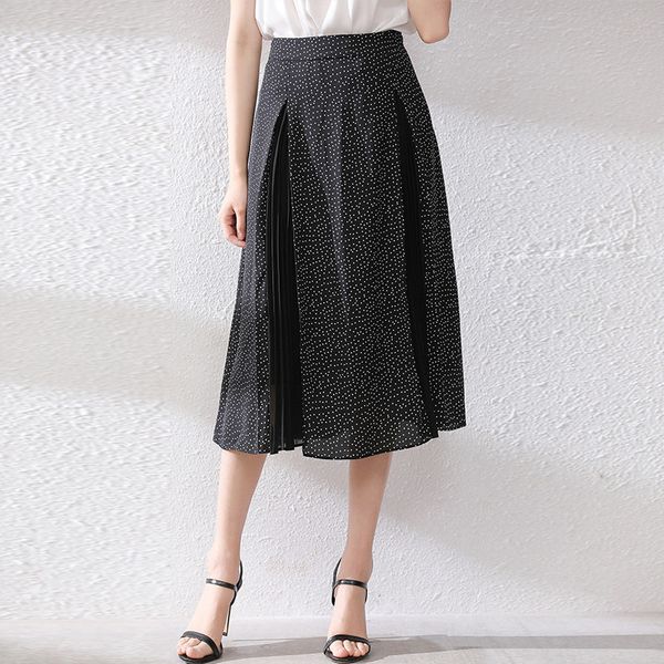 

polka dot chiffon skirt 2020 stitching fairy long skirt high waist slim pleated a- line dress, Black