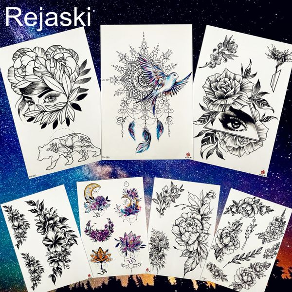 Acheter Rejaski Pendentif Oiseau Henné Plume Fleur Fille Autocollant De Tatouage Temporaire Géométrique Triangle Tatouages Dessiner Noir Tatoo Lune