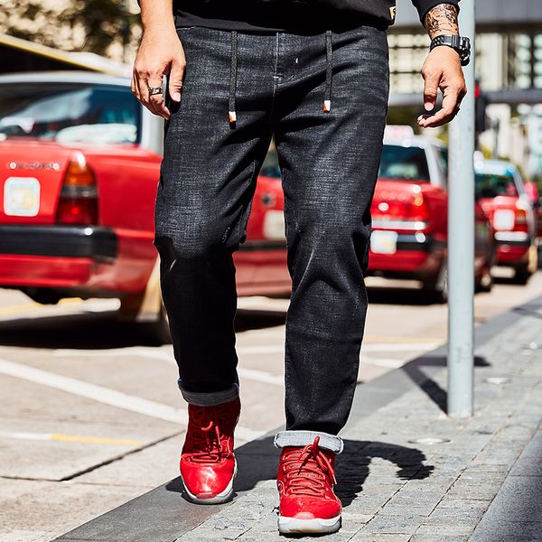

high street fashion men stretch jeans black plus size 30-40 42 44 46 loose fit denim trousers hip hop jeans for men, Blue