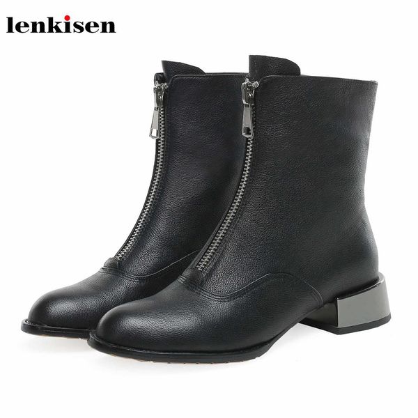 

lenkisen 2019 new genuine leather med heels round toe solid simple motorcycle zip chunky winter women keep warm ankle boots l5f2, Black