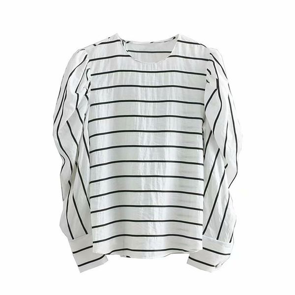 

t-5-8890 2019 spain women's dress spring and summer new style puff sleeve striped shirt, White