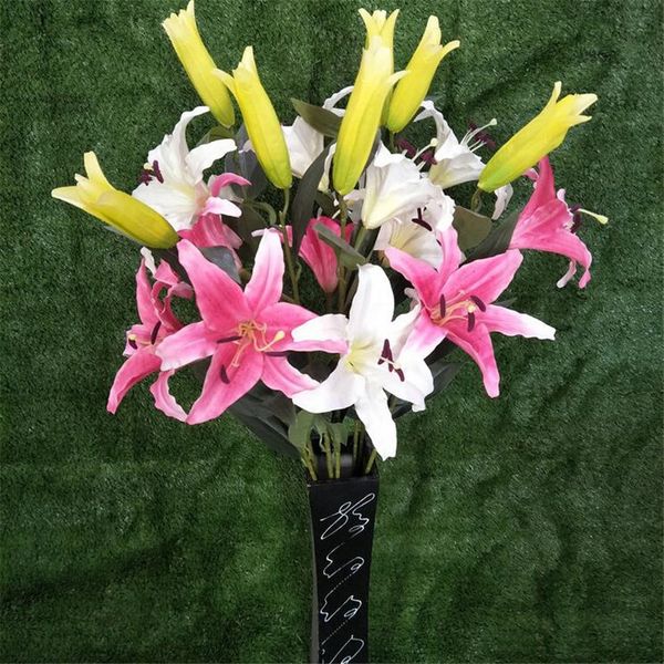 

11p fake lily flower artificial lilies three head white/pink lily flower stems for wedding home artificial decor