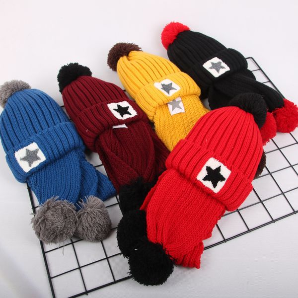 

new plush velvet wool cap winter children warm scarf hat suit boys head hooded cap five-pointed star beanies girls knitted hat