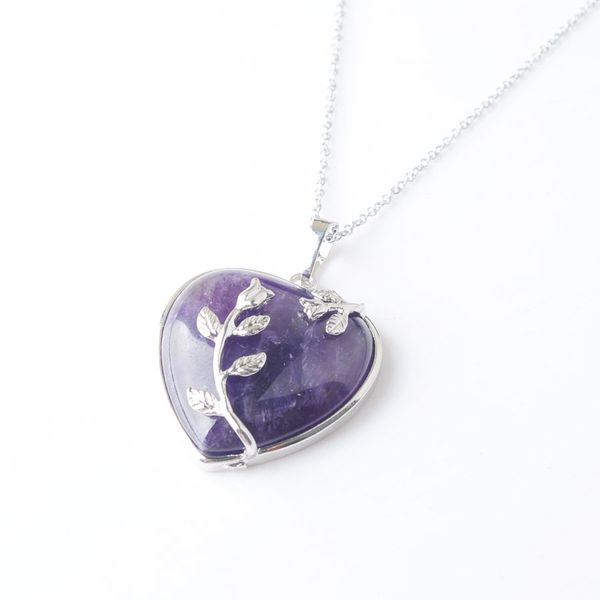 

wojiaer bohemian style women jewellery love heart gem stone necklaces natural amethyst stone charms pendant dn3181, Silver