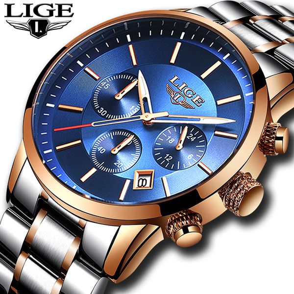 

lige mens watch sport watches mens stainless steel waterproof analog quartz clock relogio masculino, Slivery;brown
