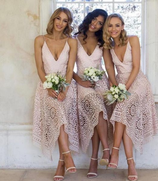 

2019 new bridesmaid dresses tea-length pink lace irregular hem spaghetti straps maid of honor country beach wedding party guest gowns, White;pink