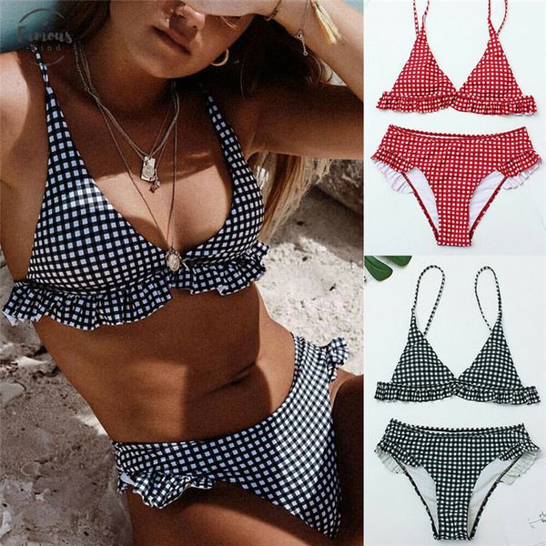 

plaid bikini 2019 red green plaid bathing suits swimwear ruffles push up triangle swimsuits beachwear women swimming suits, White;black