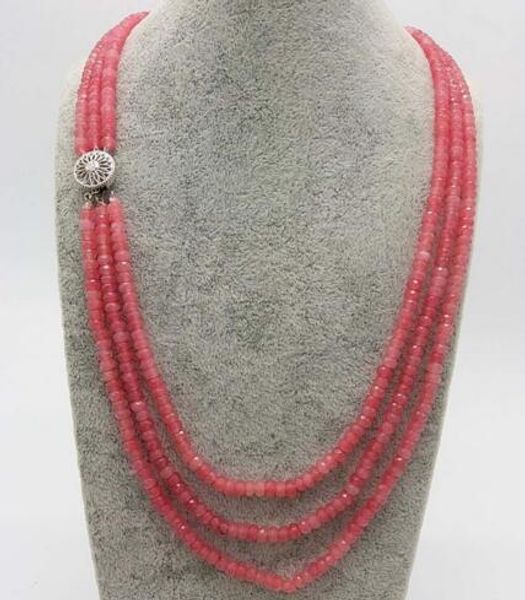 

3 rows 2x4mm natural faceted pink sapphire gems beads necklaces, Silver