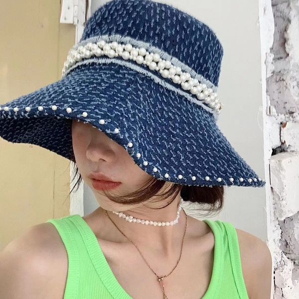 

small fragrance fisherman cowboy cowboy hepburn elegant denim pearl diamond buckle denim fisherman hat fashion cloth hat, Blue;gray