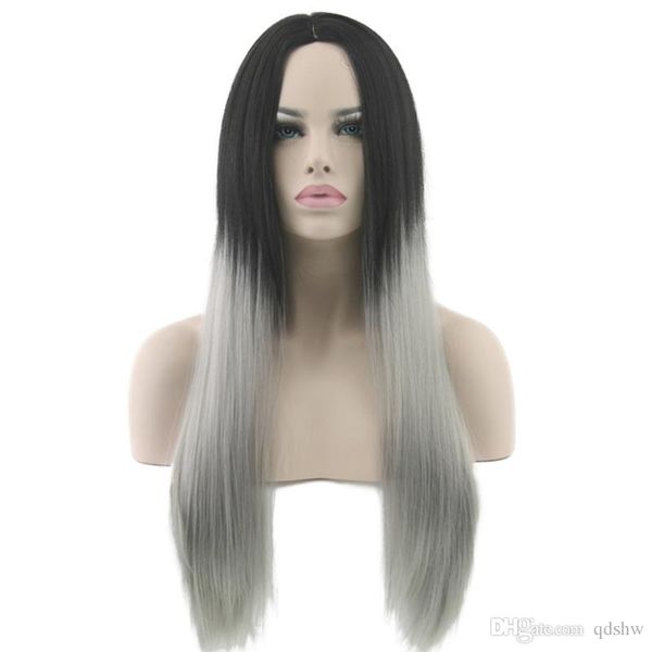 Synthetic Hair Wig Silver Color Ombre Black To Grey Hair Straight