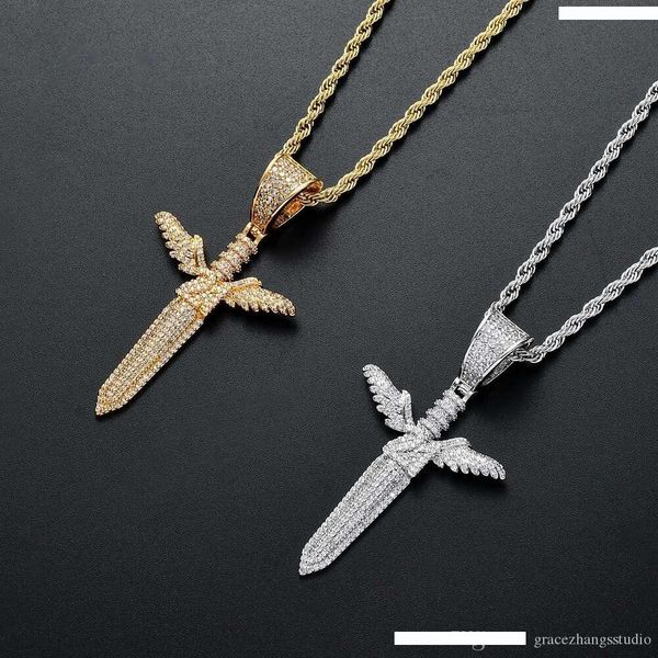 

hip hop angel sword diamonds pendant necklaces for men women luxury crystal weapon pendants 18k gold plated copper zircons necklace jewelry, Silver