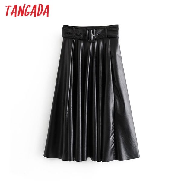 

tangada women faux leather midi skirt vintage with belt solid female 2019 office ladies elegant chic midi skirts 6a295, Black;gray