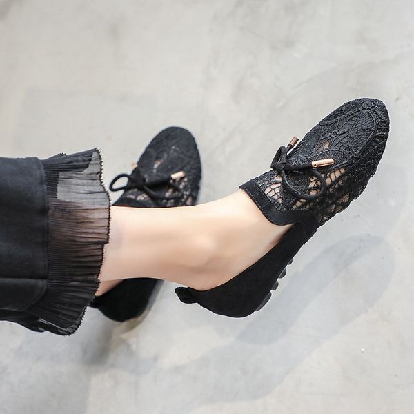 

2019 cool women flats embroidery fabric lace shoes bowtie soft tpr outsole student ladies female casual big large size35-42 driving footwear, Black
