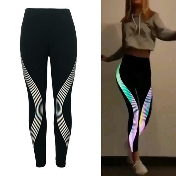 

noctilucent women's leggings high waist sports fitness winter gym night glowing tights yoga dance long pants rainbow reflective, Black;blue