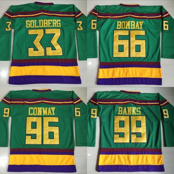 

Mighty Ducks Jerseys Anaheim Movie Jersey 33 Greg Goldberg 66 Gordon Bombay 96 Charlie Conway 99 Adam Banks Hockey Jerseys