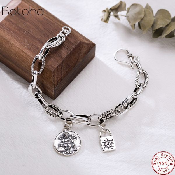 

other bracelets vintage thick chain lock round emboss tag & bangles real 925 sterling silver for women fine jewelry gift, Golden;silver
