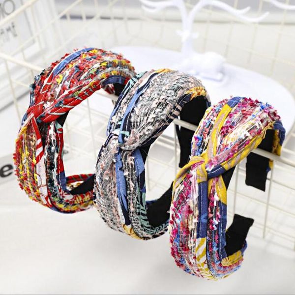 

new fashion women hairband shining rainbow cloth headband cross knot turban autumn headwear bohemia hair accessories