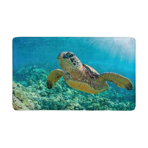 Sea Turtle Over Coral Reef In Hawaii Indoor Doormat Non Slip Front
