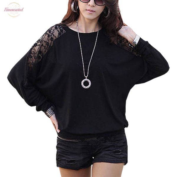 

autumn t shirt women korean new lace stitching hollow loose solid color bat sleeve t shirt womens clothing vestidos lbd6806, White