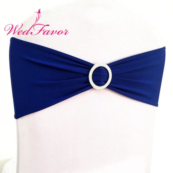 

wedfavor 100pcs royal blue wedding lycra spandex chair sash bands with plastic round buckle for banquet chair cover