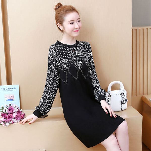 

мода длинное платье женщины весна осень 2019 новый плюс размер шифон печати письмо dress элегантный с длинным рукавом платья vestidos 4xl5xl, Black;gray