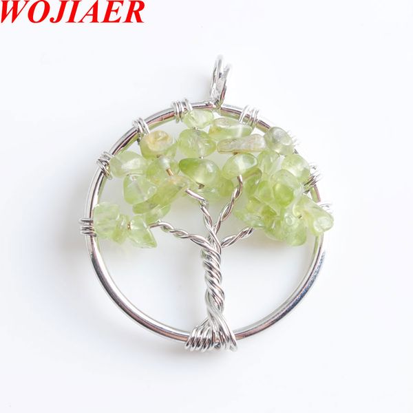 

дерево жизни ожерелье кулон натуральный оливково зеленый драгоценный камень чип бусины 7 чакра проволока обернутая женщины ювелирные изделия, Silver