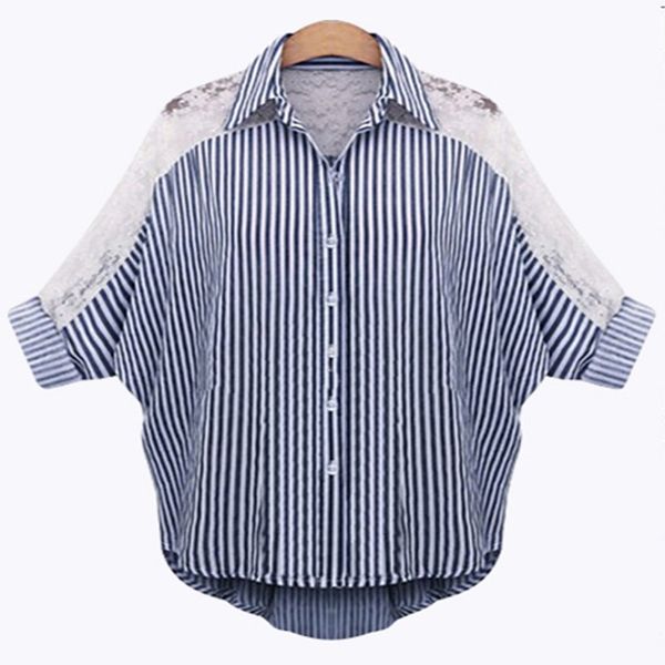 

6xl 5xl 4xl plus size women clothing 2019 spring blouses lace shirt turn down collar striped female batwing sleeve blouse blusas, White