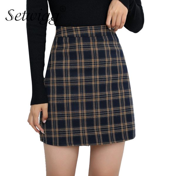 

female high waisted vintage yellow plaid cotton a-line mini skirts school girl zipper black check print short skirts skorts, Black;gray