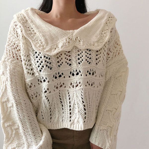 

korean style 2019 autumn winter new pattern women fashion out sweet long sleeves loose hollowing out pullover knitting vestidos, White;black