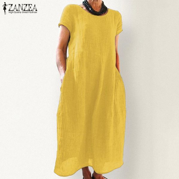

casual linen midi dress women's summer sundress zanzea 2019 vintage short sleeve tunic vestidos female pleated party robe femme, Black;gray