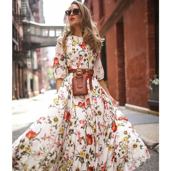 

women's maxi boho dress floral summer beach cocktail party print long sundress fashion half sleeve not include belt dresses, Black;gray