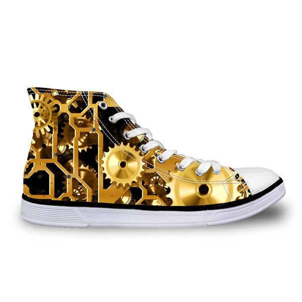 

индивидуальные высокого верха холст женщины кроссовки старинные вулканизированные зашнуровать плоские туфли женские золотые шестерни печати, Black