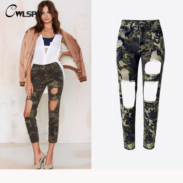 

casual fashion camouflage women pants boyfriend style jeans holes vintage ankle length straight female pants bottom ql2590, Blue